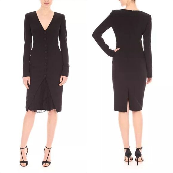 🆕️ Badgley Mischka Tailored Buttoned Long Sleeve Pleated Midi Dress in Black - Picture 1 of 16